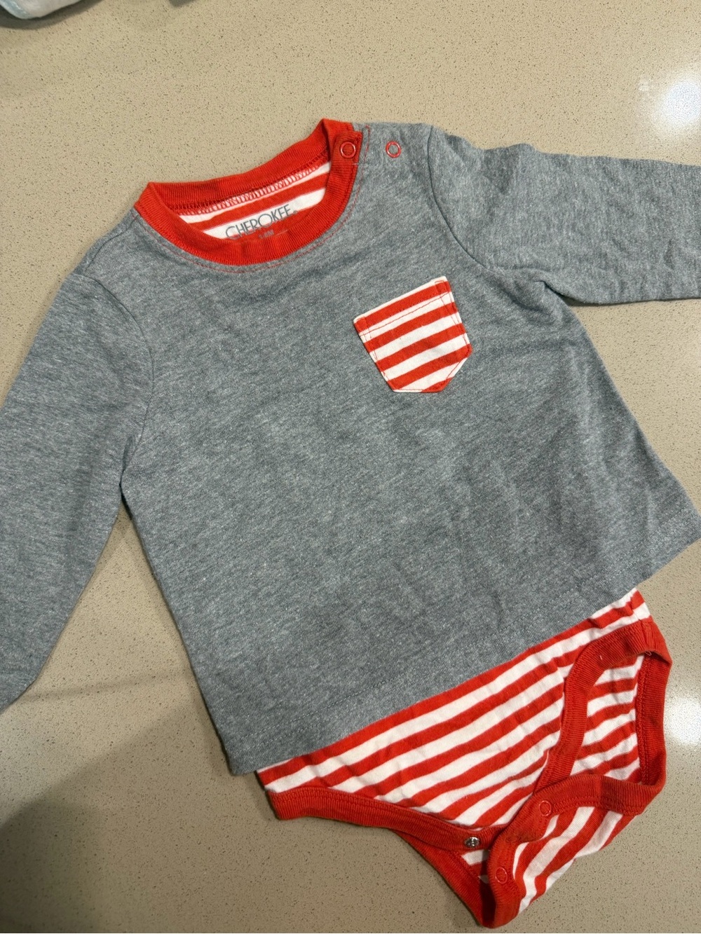Cherokee Gray and Red Long-Sleeve Baby Bodysuit with Striped Pocket